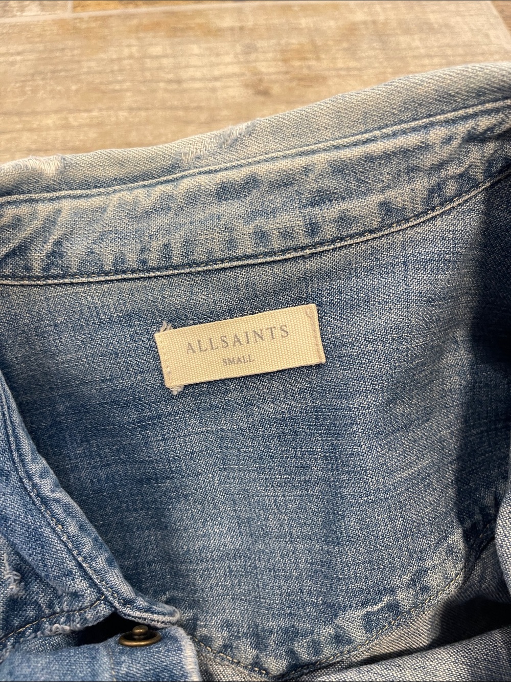 All Saints Light Blue Denim Snap Button Long Sleeve Collared Shirt Mens Small S - Picture 5 of 9
